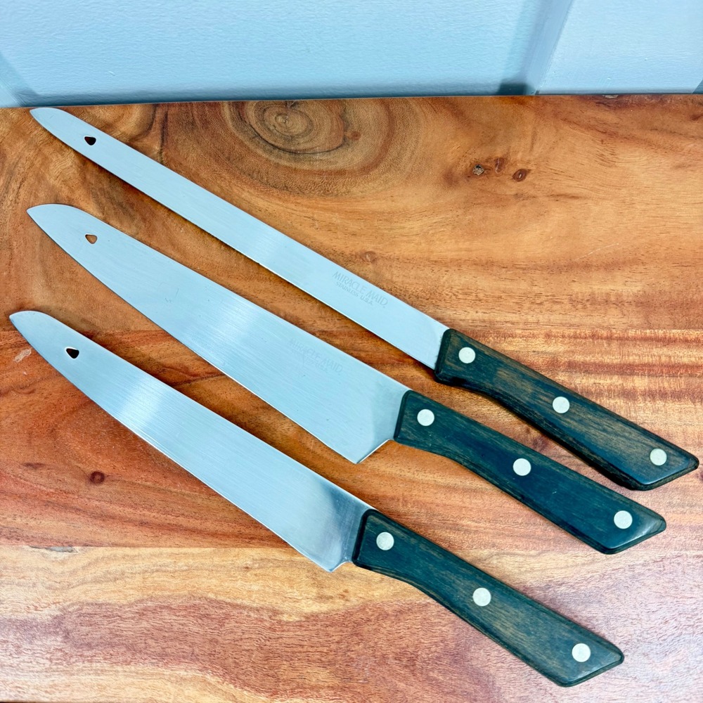 Miracle Maid Vintage Stainless USA Knife Set 3 Piece Wood Handle Triple Rivet